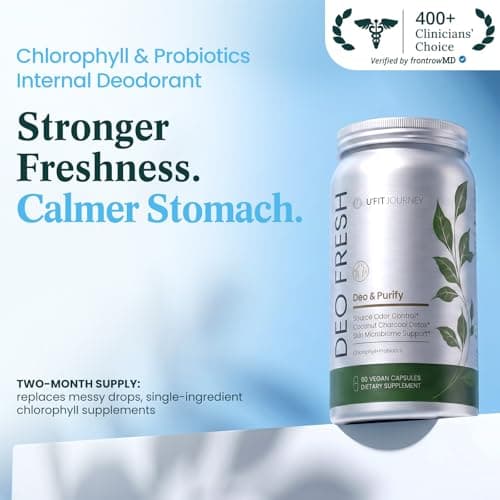 U+FITJOURNEY Deo Fresh 6-in-1 Chlorophyll & Probiotic Internal Deodorant & Body Odor Control with Zinc, Charcoal - Full Body Deodorizer, Fresh Breath & Skin & Gut Support - 60 Capsules 2 Month Supply