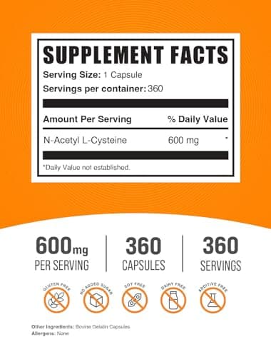 BulkSupplements.com N-Acetyl L-Cysteine Capsules - N-Acetyl Cysteine 600mg, NAC Supplement - 600mg per Capsule, Gluten Free - 1 NAC Capsule per Serving, 360 Capsules (Pack of 1)