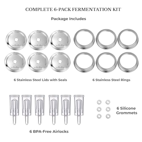 Jillmo Fermentation Lids for Wide Mouth Mason Jars, Stainless Steel Auto Venting Fermenting Lid Kit with Airlocks & Silicone Grommets for Pickles, Kimchi & Sauerkraut, 6 Pack, No Jars Included