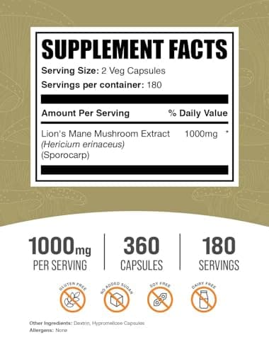 BulkSupplements.com Lion's Mane Mushroom Extract Capsules - Mushroom Supplement, Brain Supplement for Memory and Focus Support - Vegan, 2 Capsules per Serving (1000mg), 360 Capsules (Pack of 1)