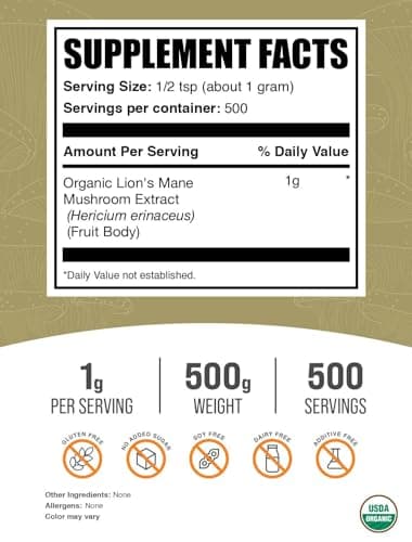 BulkSupplements.com Organic Lion's Mane Mushroom Extract Powder - Mushroom Supplement, Brain Supplement for Memory and Focus Support - Vegan, 1g per Serving, 500g (1.1 lbs) (Pack of 1)