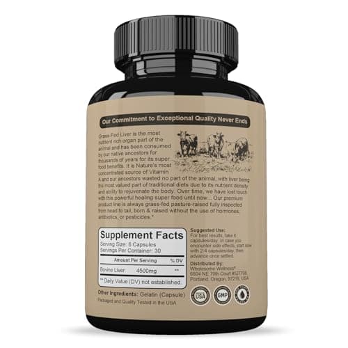 Wholesome Wellness Grass Fed Desiccated Beef Liver Capsules (180 Pills, 750mg Each) - Natural Iron, Vitamin A, B12 for Energy - Raised Undefatted in New Zealand Without Hormones or Chemicals