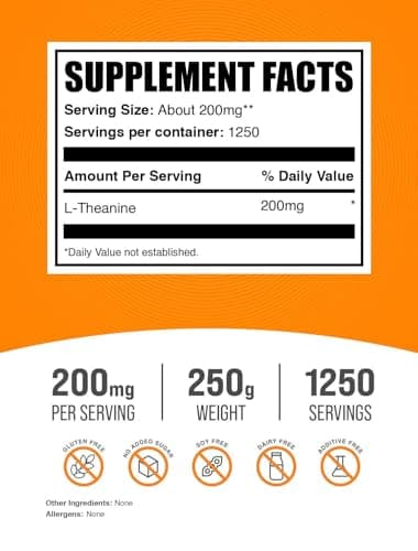 BulkSupplements.com L-Theanine Powder - L-Theanine Supplement, L-Theanine 200mg - Amino Amino Supplement, Pure & Gluten Free, 200mg per Serving, 250g (8.8 oz) (Pack of 1)