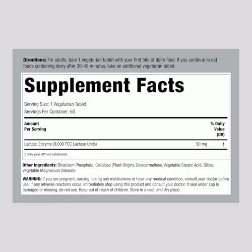 Piping Rock Dairy Relief Pills 8000 FCC | Fast Acting Tablets | 60 Count | Lactase Enzyme Supplement | Premium Formula | Vegetarian, Non-GMO, Gluten Free