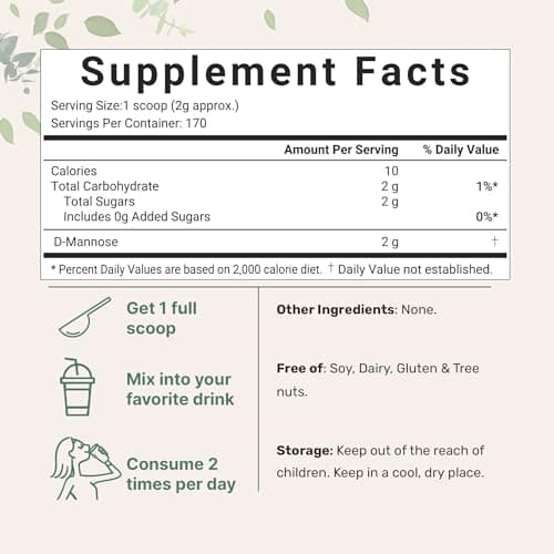 Micro Ingredients D Mannose Powder, Pure Mannose Supplement, Quick Water Soluble, Support Urinary Tract Cleanse & Bladder Health, Premium Mannose for Women and Men, Vegan Friendly.