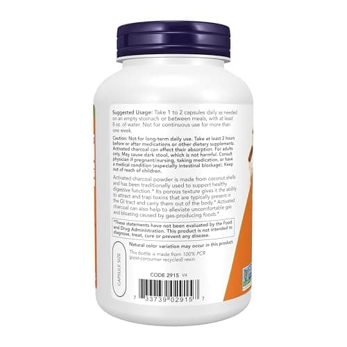 NOW Foods Supplements, Activated Charcoal Made from Coconut Shells, Non-GMO Project Verified, Detox Support*, 200 Veg Capsules