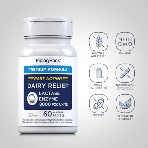 Piping Rock Dairy Relief Pills 8000 FCC | Fast Acting Tablets | 60 Count | Lactase Enzyme Supplement | Premium Formula | Vegetarian, Non-GMO, Gluten Free