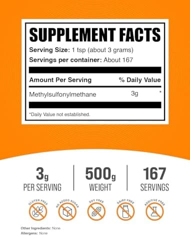 BulkSupplements.com MSM Powder - Methylsulfonylmethane, MSM Supplement, Nutritional Supplement - Gluten Free, 3g per Serving, 500g (1.1 lbs) (Pack of 1)