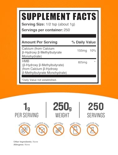 BulkSupplements.com HMB Powder - Beta-Hydroxy Beta-Methylbutyrate, Calcium HMB Supplement - Gluten Free - 1g per Serving, 250g (8.8 oz) (Pack of 1)