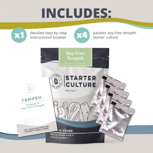 Cultures For Health Soy-Free Tempeh Starter Culture | 4 Packets Spores for DIY Plant Based Meat | Gluten Free, Non-GMO Indonesian Food | Make Meatless Bacon, Vegan Nuggets, & More High Protein Snacks