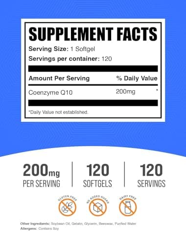 BulkSupplements.com CoQ10 200mg Softgels - for Heart Health, Coenzyme Q10 200mg Supplement, Gluten Free, 1 Softgel per Serving, 120 Count (Pack of 1)
