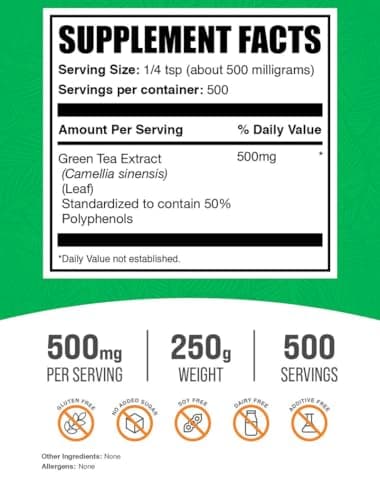 BulkSupplements.comgreen Tea Extract Powder - 50% Polyphenols Supplement, EGCG Supplements - Gluten Free, 500mg per Serving, 250g (8.8 oz) (Pack of 1)
