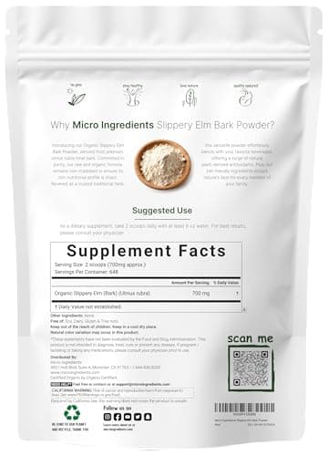 Micro Ingredients Sustainably US Grown, Organic Slippery Elm Bark Powder, 1 Pound (648 Servings), Helps Soothe The Throat and Coughing, No Irradiated, No Contaminated, No GMOs, Pet Friendly