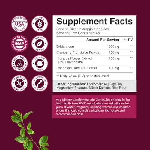 D Mannose Capsules for Urinary Tract Health - High Potency D-Mannose with Cranberry Juice Powder & Dandelion for Urinary Tract Health for Women Fast Acting Super Concentrated Cranberry - 90 Count