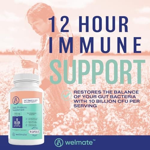WELMATE - Daily Probiotic Supplement (200 Capsules) Saccharomyces Boulardii 500mg - 24/7 Digestive Support, Immune Support - 10 Billion CFU - Over-The-Counter Medication - Vegan, Gluten Free, Non GMO