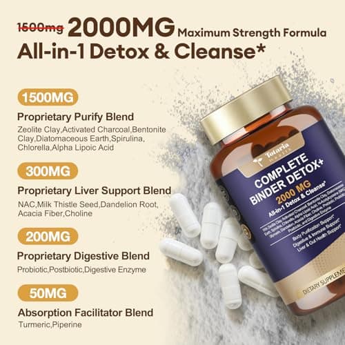 Totaria 2000MG All-in-1 Detox Binder, Activated Charcoal, Zeolite, Bentonite Clay, Alpha Lipoic Acid, 7-Layer Detox & Cleanse Supplement, Liver & Gut Support, 120 Counts
