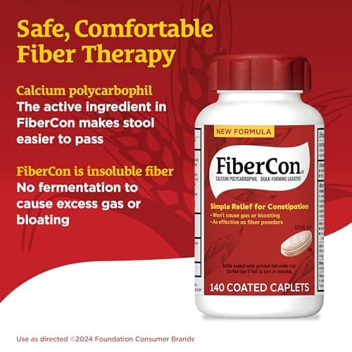 FiberCon Fiber Therapy Coated Caplets, Safe, Simple & Comfortable Insoluble Fiber Product for Bowel Irregularity, Occasional Constipation Relief With No Gas or Bloating, 140 Caplets