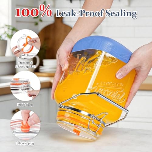 Folinstall 1 Gallon Fermentation Jar with 3 Airlocks, Stainless Steel Handle, Non-Slip Silicone Base, 128 oz Glass Storage Jar for Mead Making, Wine Making, Sourdough Starter, 2 Pack