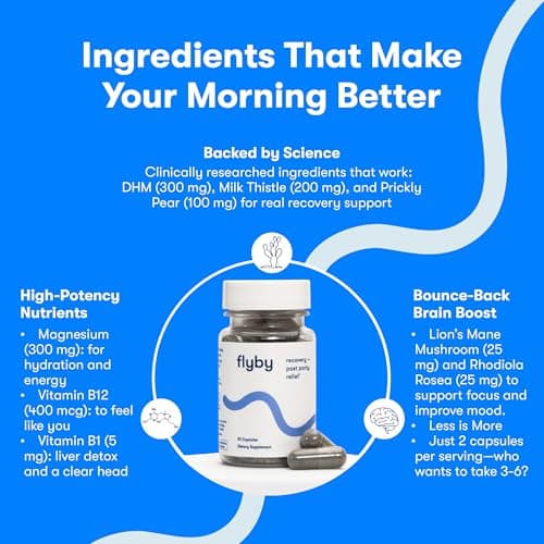 Flyby Recovery Supplement with DHM - All The Hang, Without The Over!™ Pre & Post Drinking Capsules with Milk Thistle, Vitamin C, B Vitamins, Ginseng, Activated Charcoal – Made in USA, 80 Count