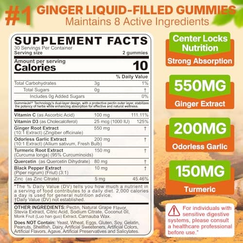LILICARE Ginger Chews Gummies for Nausea & Digestive Support, Stomach Relief - Sugar Free with Turmeric & Odorless Garlic, Quercetin, Vitamin D3, C, Delicious Digestive Supplements, 60Cts (Pack of 1)