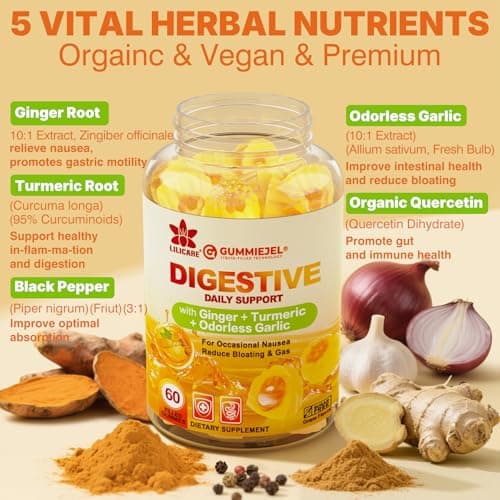 LILICARE Ginger Chews Gummies for Nausea & Digestive Support, Stomach Relief - Sugar Free with Turmeric & Odorless Garlic, Quercetin, Vitamin D3, C, Delicious Digestive Supplements, 60Cts (Pack of 1)