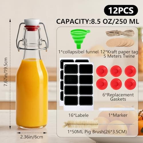 Ruckae 12 Pack 8.5oz Swing Top Glass Bottles with Lids Kombucha Coquito Flip Top Glass Bottle for Syrup Vanilla Extract Brew Beer Kefir Air Tight Bottles for Gift (8.5 oz 12 pack)