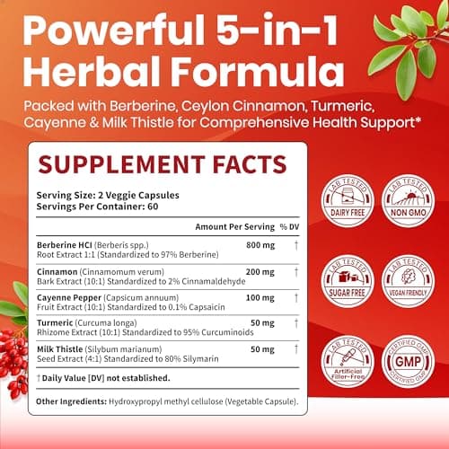 VEV Berberine Supplement with Ceylon Cinnamon, Cayenne Pepper, Turmeric, Milk Thistle, Vegan & Non-GMO – 120 Capsules