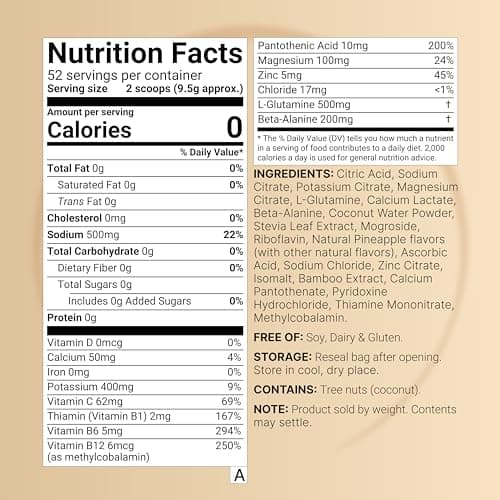 Sport Electrolytes Powder No Sugar, 500g (52 Servings) | Electrolyte Hydration Drink Mix with Sodium, Potassium, Magnesium, L-Glutamine, Beta Alanine, & Coconut Water – Tropical Pineapple Flavor