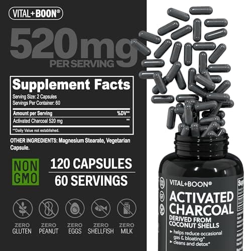 Vital+Boon Activated Charcoal Pills – Derived from Coconut Shells – Black Charcoal Binder for Stomach, Gas & Bloating Relief – Gluten Free Vegetarian Active Carbon to Support Detox (120 Capsules)
