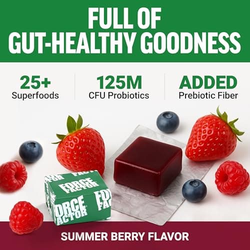 Force Factor Smarter Greens Superfood Chews, Greens and Superfoods to Support Gut Health, Bloating, and Digestion, with Probiotics, Antioxidants, and Fiber, Summer Berry, 60 Soft Chews