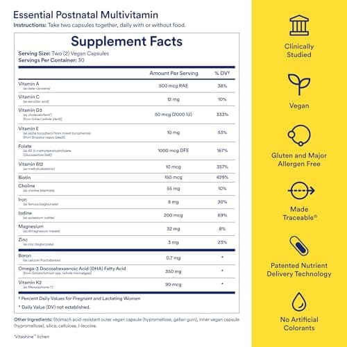Ritual Postnatal Multivitamin for Women - Key Essential Vitamins and Minerals to Support Mom and Baby Postpartum and Throughout Lactation* - Choline, Omega-3 DHA - Mint - 60 Capsules - 30 Servings