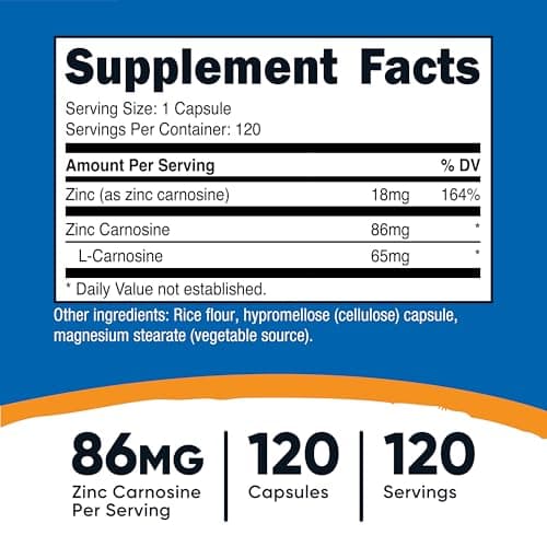 Nutricost Zinc Carnosine 86mg, 120 Capsules - Non-GMO, Gluten Free, Zinc L-Carnosine Supplement