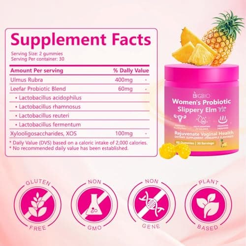 BIGBIO Feminine Probiotics Gummies, Slippery Elm for Women, Vaginal Health Supplement for pH Balance, Odor Control, Yeast Balance, Flora Immune Support, Suagr-Free, Veagn, Pineapple Flavor, 60 Count