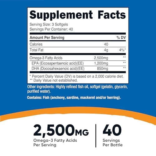 Nutricost Omega 3 Fish Oil - 2500MG, 120 Softgels (40 Serv) - Fish Oil, Wild Caught! 1200mg EPA 850mg DHA - Non-GMO, Gluten Free