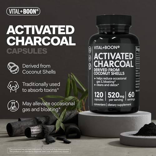 Vital+Boon Activated Charcoal Pills – Derived from Coconut Shells – Black Charcoal Binder for Stomach, Gas & Bloating Relief – Gluten Free Vegetarian Active Carbon to Support Detox (120 Capsules)