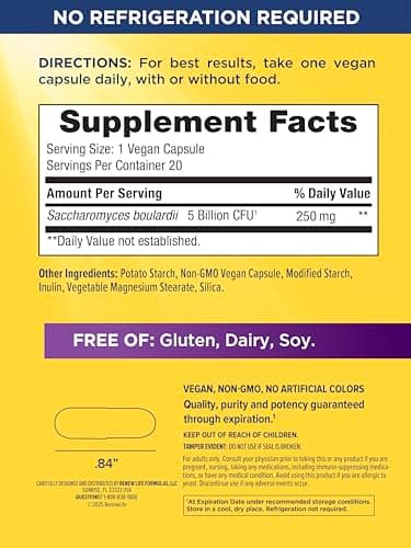 Renew Life Ultimate Flora Saccharomyces Boulardii Probiotics | 5 Billion CFU | 20 Vegan Capsules Go Pack | Helps Balance Intestinal Flora