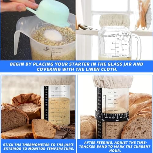 8PCS Cloth Covers for Sourdough Starter Jars with 6 Reusable Linen Covers, Thermometer & Time-Tracker Band - Fits 3-4" Mason Jars Container, Washable Cotton Cloth Bowl