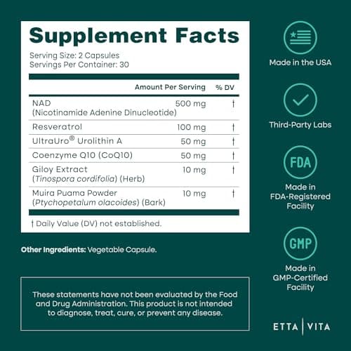 Liposomal NAD+ Supplement - Resveratrol, Urolithin A, CoQ10 & Giloy (Made in USA) NAD Supplement for Natural Energy, Brain Fog, Digestion, Detox, Gut Health, Microbiome, NR NMN Replacement