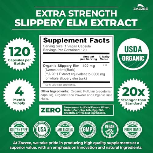 Zazzee USDA Organic Slippery Elm Bark 20:1 Extract, 120 Vegan Capsules, 4 Month Supply, Ulmus Rubra, Digestive, Throat & Mucosal Support, Herbal Supplement, All-Natural, Non-GMO, Made in the USA