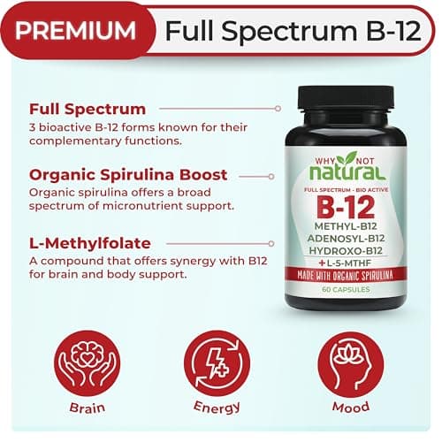Why Not Natural Vitamin B12 5000 mcg Supplement with Methylcobalamin, Adenosylcobalamin and Hydroxy B12 Complex with Methylfolate 1000 mcg, L-5-MTHF, Made with Organic Spirulina