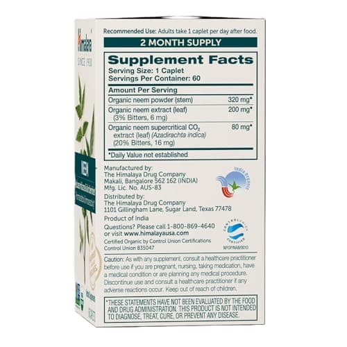 Himalaya Organic Neem, 60 Day Supply - Herbal Acne Supplements Supporting Clear Skin and Detox - USDA Organic, Vegan, Non-GMO, Gluten Free, 600 mg, 60 Caplets