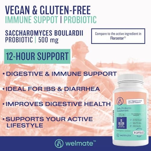 WELMATE - Daily Probiotic Supplement (200 Capsules) Saccharomyces Boulardii 500mg - 24/7 Digestive Support, Immune Support - 10 Billion CFU - Over-The-Counter Medication - Vegan, Gluten Free, Non GMO