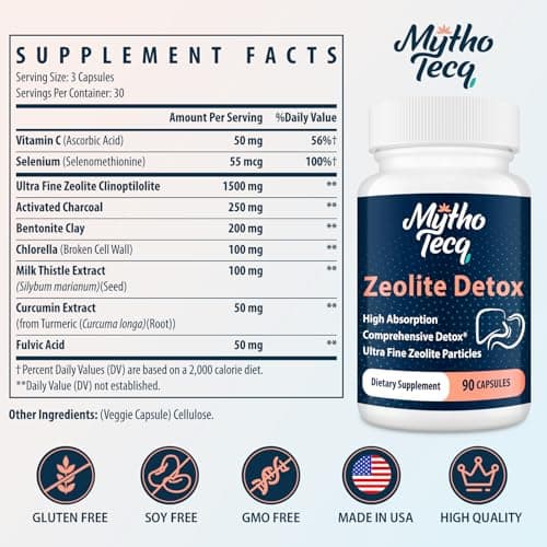 MythoTecq 2300 MG Zeolite Detox Capsules - Activated Charcoal & Bentonite Clay, Highly Absorbable Full Body, Liver & Gut Cleanse, Zeolite Clinoptilolite(90 Capsules)