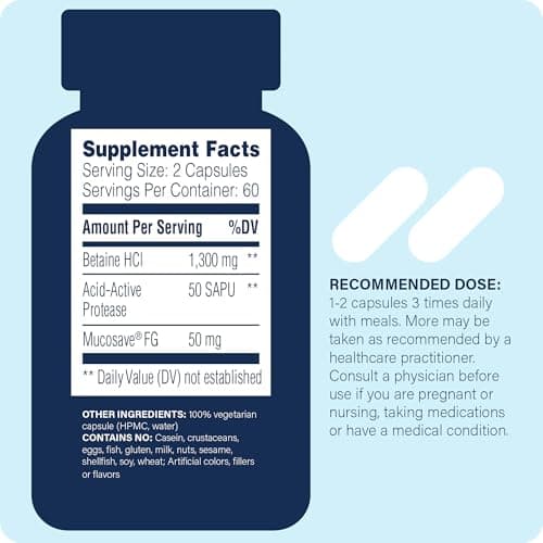 Enzyme Science Betaine HCl with Pepsin - Supplement for Low Stomach Acid - Betaine Hydrochloride Supplement - Digestive Enzymes - Enzimas Digestivas - 120 Capsules