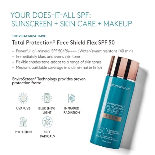 Colorescience FLEX Tinted Mineral Sunscreen SPF 50, Tone-Adapting Buildable Coverage with Zinc Oxide, Environmental Defense Against Blue Light & Pollution, For All Skin Tones, 1.8 fl. oz., Medium
