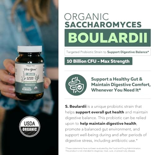 Organic Saccharomyces Boulardii - 10 Billion CFU - Clinically Validated CNCM I-1079 Probiotic Strain - Gut, Digestion & Healthy Bowel Support - First Organic Form of S. Boulardii Probiotic - 60 Count