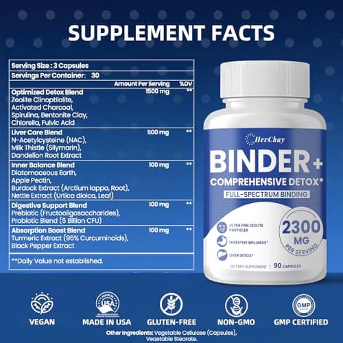 HevChay 2300 MG Detox Binder Supplement – All-in-1 Detox Binder, Activated Charcoal, Zeolite, Bentonite Clay – Liver & Gut Detox Cleanse, Toxin Flush, Digestive, Max Absorption, 90 Vegan Capsules