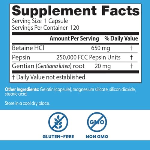 Doctor's Best Betaine HCI Pepsin & Gentian Bitters, Digestive Enzymes for Protein Breakdown & Absorption, Non-GMO, Gluten Free, 120 Caps, Original Version