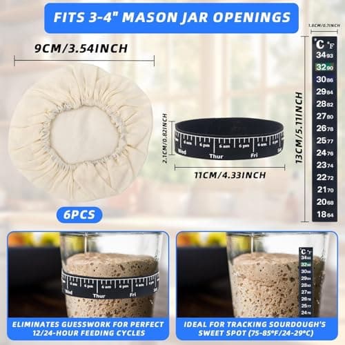 8PCS Cloth Covers for Sourdough Starter Jars with 6 Reusable Linen Covers, Thermometer & Time-Tracker Band - Fits 3-4" Mason Jars Container, Washable Cotton Cloth Bowl
