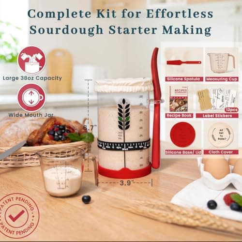 Sourdough Starter Kit - 38oz with Cookbook, Measuring Cup, Spatula, Wide Mouth Jar Cover, Thermometer, Date Marked Feeding Band, Glass Jar for Baker, Bread Baking Supplies